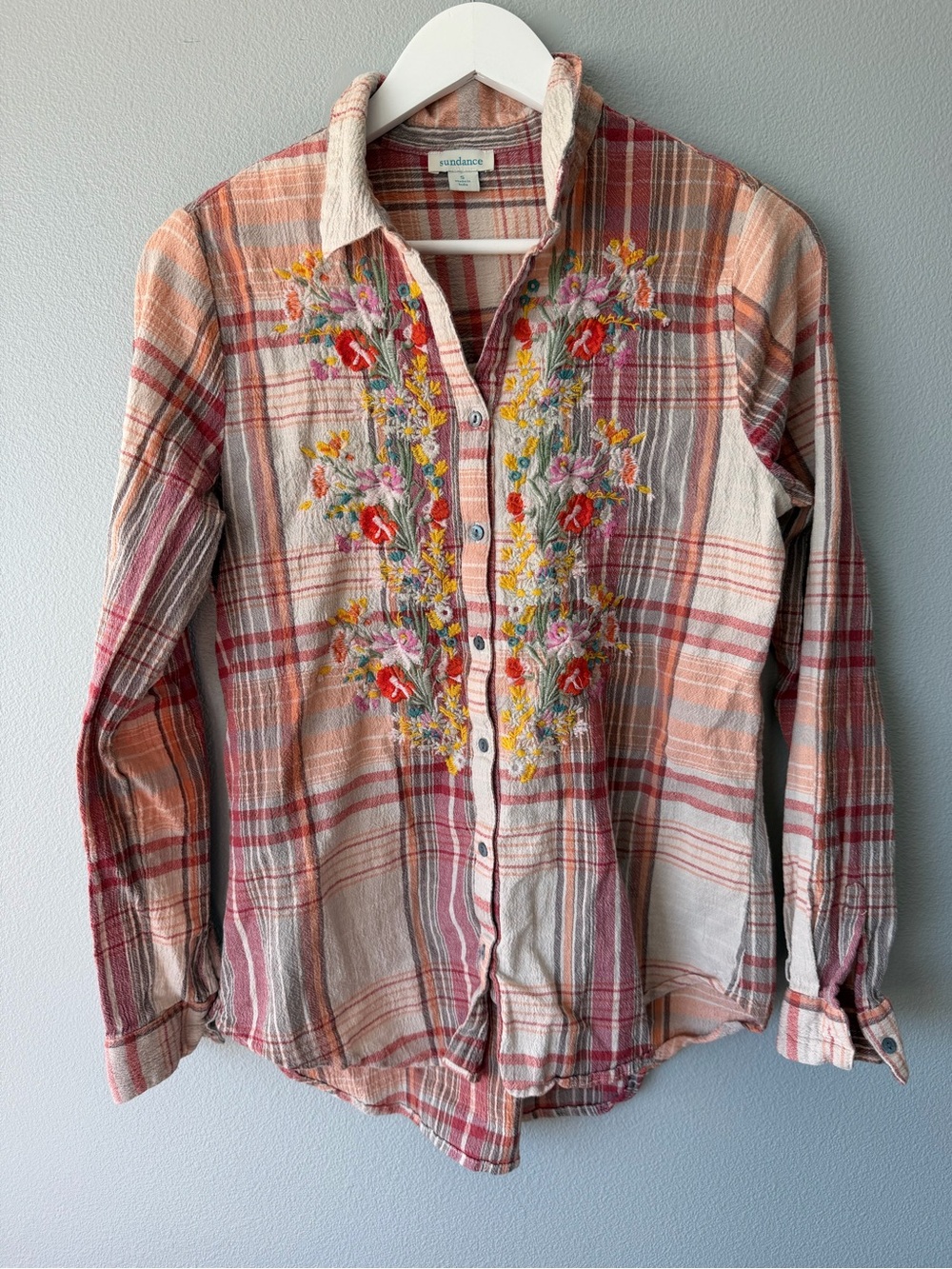 Sundance red plaid floral embroidered Garden View long sleeve button down top S